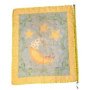 Vtg 90s Baby Crib Quilt Lot 2 Man In The Moon‎ Satin Trim ABC Alphabet Blanket